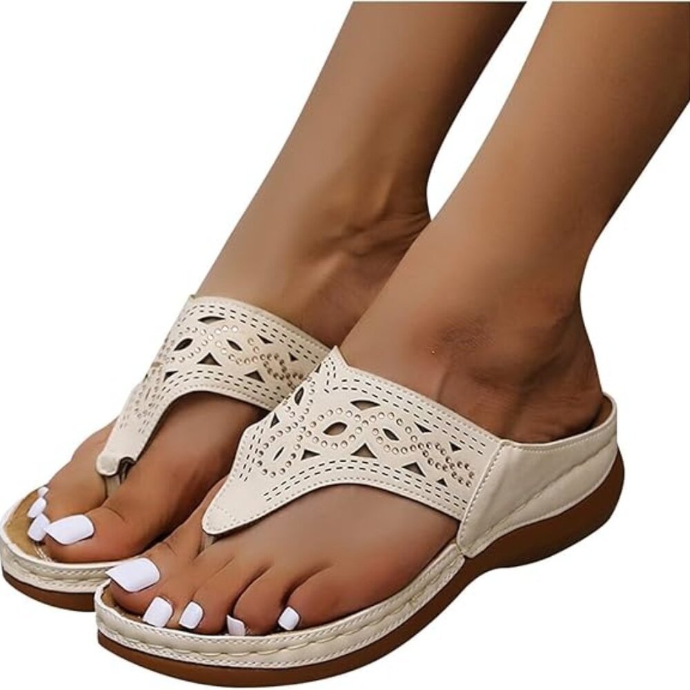 Women's Tan Wedge Wide Fit Slip on Sandals - size 8